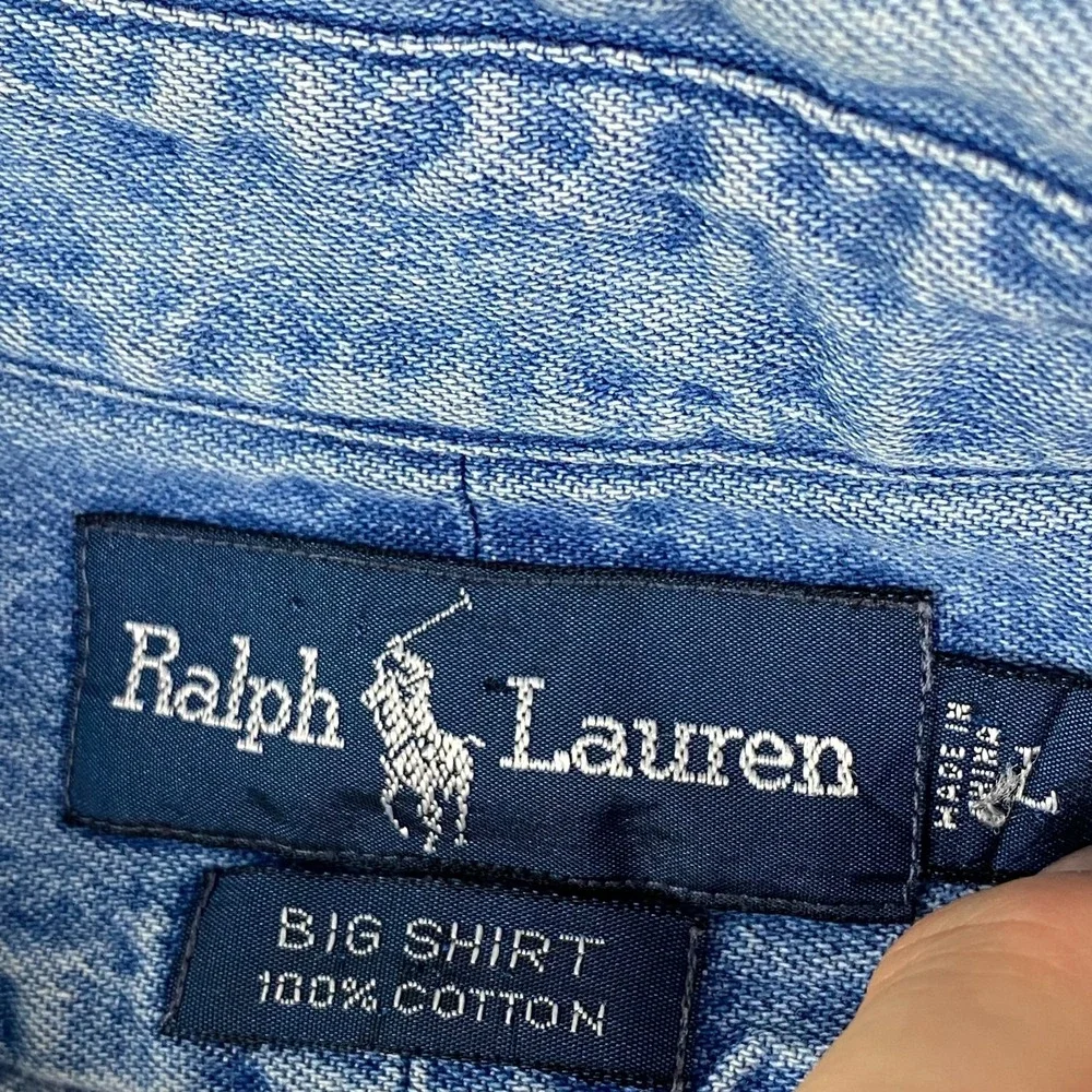 Vintage Polo Ralph Lauren Big Shirt Denim Button Down Men Large Blue Pocket Pony